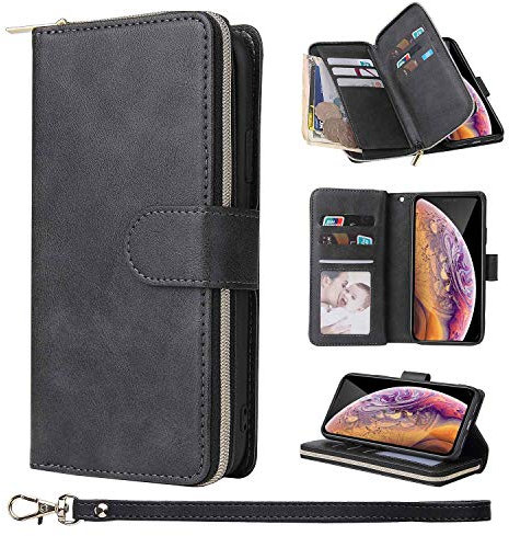 ZCDAYE Wallet Case for iPhone XR,Premium[Magnetic Closure][Zipper Pocket] Folio PU Leather Flip Case Cover with 9 Card Slots Kickstand for iPhone XR 6.1-Black