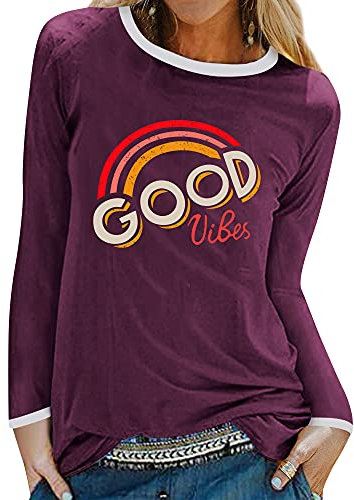 Dresswel Damen Good Vibes T-Shirt Regenbogen Muster Shirt Rundhals Langarmshirt Oberteile Hemd Tops Bluse