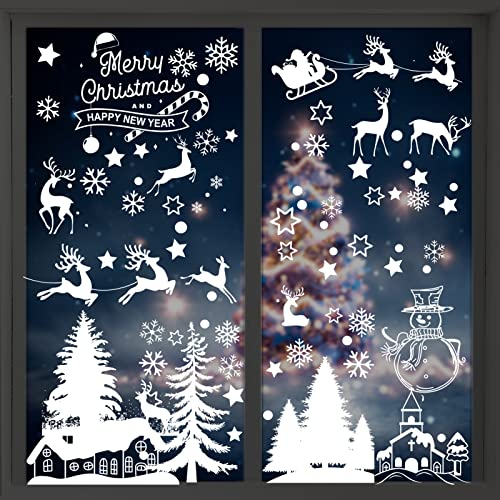 ihaspoko Weihnachten Fensterdeko,Fensterbilder Weihnachten Selbstklebend, Fensteraufkleber Weihnachten,Winter-Deko Schneeflocken Fensterbild, Statisch Haftende Weihnachtsmann Süße Elche