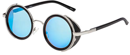 UltraByEasyPeasyStore Silver Frame Blue Lenses Steampunk Round Sunglasses Cyber Circular Glasses Vintage Punk UV400 for Men and Women (Steam1)