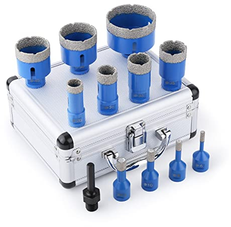 Vearter 12 Stück/Satz Diamant Fliesenbohrer Set, 6–68mm M14 Gewinde vakuumgelöteter Winkelschleifer Diamantbohrer Set mit 3/8 Zoll Sechskant Adapter für Marmor, Fliesen, Keramik, Beton (Blau)