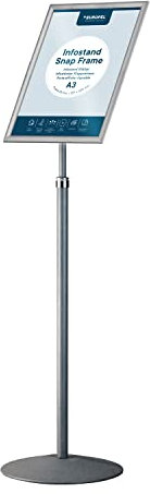 EUROPEL Infoständer grau auf höhenverstellbarem Teleskopständer, von 100 bis 140 cm, Metallsockel Ø 360 mm, A3 Easy-Click Aluminiumrahmen, Blendfreie Schutzfolie, Anwendung Hoch- oder Querformat