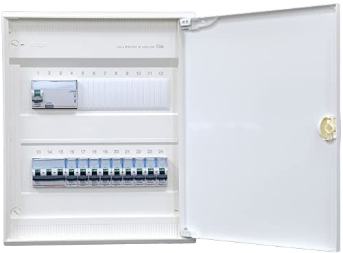 Hager Aufputzverteiler 2-reihig VA24CN ANSCHLUSSFERTIG verdrahtet mit Klemmblock. Bestückung 1x FI 4-pol. + 1x 3pol + 9x 1pol LS B16A