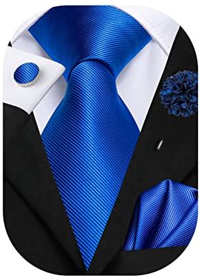 Hi-Tie Seidenkrawatte und Einstecktuch, Manschettenknöpfe, Reversnadel-Set, Jacquard, Hochzeit, Business, Krawatte für formelle Anlässe, königsblau, M