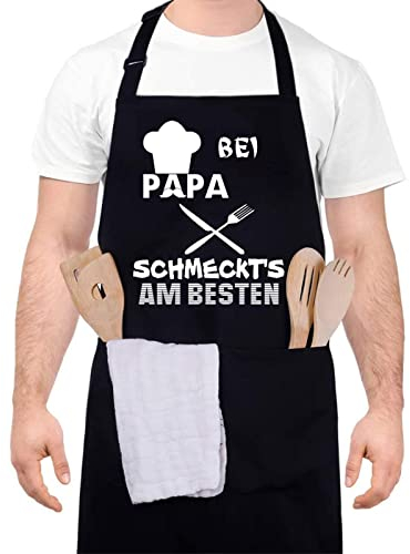 upain Grillschürze -Bei Papa schmeckt`s am besten-Baumwoll Kochschürze für Männer, Schürze Schwarz, Geschenk für Papa, Vater zum Geburtstag Weihnachten