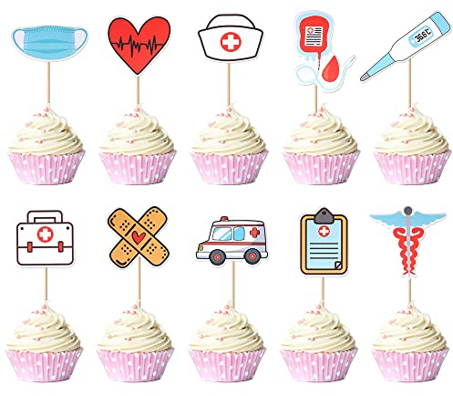 SYKYCTCY 30 Pack Nurse Cupcake Toppers Nursing School Graduation Medical Instruments Cupcake Picks Medical Rn Themed Cake Decorations for Nurse Grad Birthday Baby Shower Party Supplies