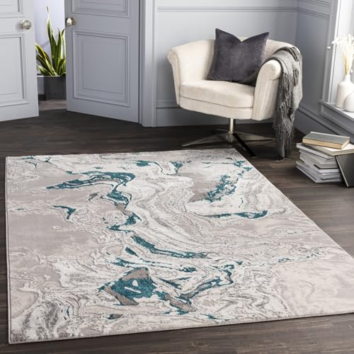 Livabliss Dahlia Adria Abstract Rug – 120x170 cm, Grey, Teal, Blue & Ivory