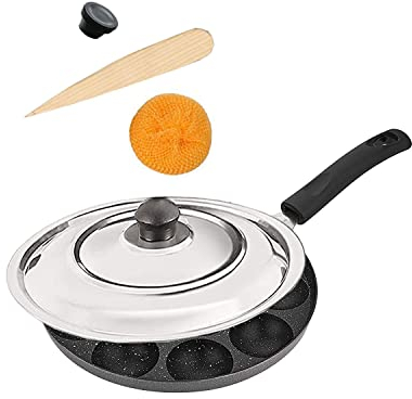 Satre Online and Marketing Aluminium Non-Stick 9 Cavity Appam Patra Paniyaram One Side Handle with Steel lid- Black