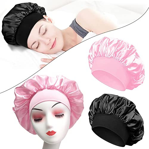 YMJD 2 Pezzi Cuffia Seta Cuffie per Dormire Cuffia Seta Capelli Ricci, Cuffia da Notte Cappello da Notte per Donna Berretto da Notte Raso per Donna (Nero+Rosa)