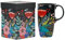 DUSVALLY Tazza da caffè in ceramica tazza da viaggio in ceramica con coperchio e scatola colorata, 500 ml, grande tazza da caffè, nero e fiori
