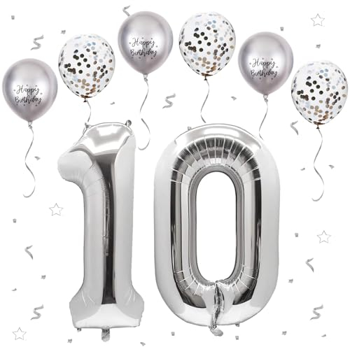 VUCDXOP Silber Luftballon 10, XXL Riesige Geburtstag Ballon 10, 40 - 101cm Ballon Zahl Deko Folienballon Zahlen 1 & 0, Geburtstagsdeko Jubiläum Party Deko, Fliegt mit Helium (Nummer 10)