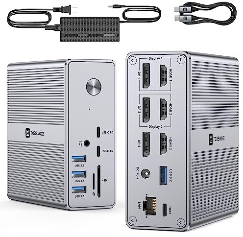 TobenONE DisplayLink Docking Station Triple Monitor with 120W Power Adapter, Triple 4K Display for MacBook Pro/Air, Thunderbolt 4/3, USB-C Windows(3X HDMI, 3X DP, 2xUSB-C, 4xUSB 3.2, SD/TF)
