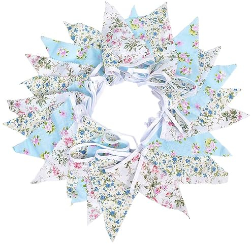 12m Floral Fabric Bunting | LARGE SIZE FLAGS | Shabby Chic Cotton Vintage Style Banner Flag Bunting, Cloth Garden Party Outdoor Birthday Decorations, Bedroom