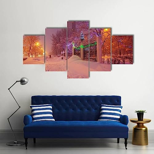 WAGYU Mit Rahmen Leinwandbild 5 TLG Kunstdruck,Bilder auf Leinwand 5 TLG Vlies Wandbild Beleuchtete Nacht im Winter,Leinwand Gemälde XXL,Tapete,Puzzle,leinwanddrucke,5 Stücke Bilder,125x60cm