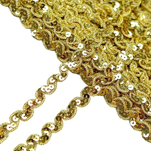 Wambere 13 m 1cm Breite Paillettenspitze,Glänzendes Geflochten Zierband Paillettenband Glitzer Borte aus Dekoband Zierband Geschenkband Bortenband für DIY NäHen KostüMe Handwerk Verzierungen,Gold A