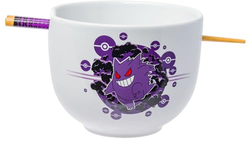Silver Buffalo Pokemon Gengar Pokeballs Boxed Ceramic Ramen Bowl with Chopsticks, 20 Ounces