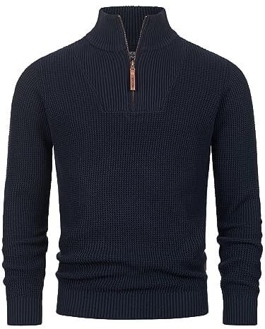 Indicode Herren INYassip Strickpullover mit Stehkragen | Pullover Herrenpulli mit Kragen und Reißverschluß Navy, L