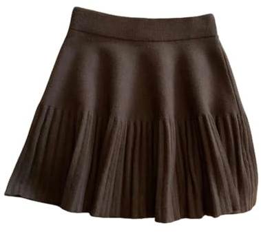 MdybF Svart kjol veckad kjol dam vinter hög midja A-linje kjol stickad kjol Preppy stil damkläder, Brun, en storlek