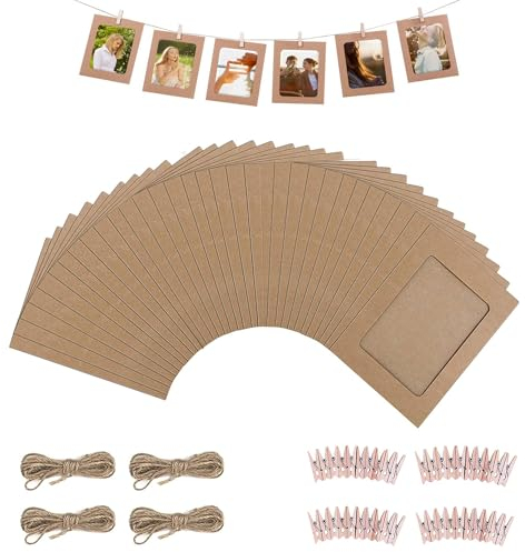 GOIEHIR Braun Papier Fotorahmen, 40 Pcs Kraftpapier Bilderrahmen, Papier Bilderrahmen, 11,5 x 15,5 cm, zum Aufhängen von Bildern Postkarten mit 40 Holzklammern und 4 Hanfseil, Braune