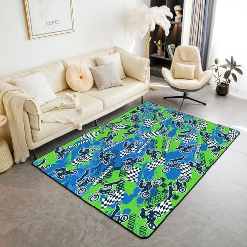 Homemissing Dirt Bike Wohnzimmerteppich für Wohnzimmer Balkon Outdoor Teppich Weich Extreme Sports Teppich 150x200cm Rennsport Motocross Reiter Wetterfest Modern Teppich Blau Grün Küchenteppich
