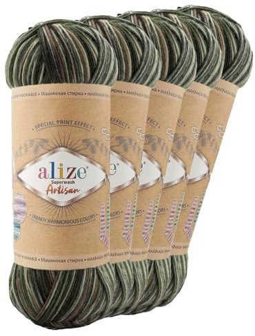 5 x 100g Sockenwolle Alize Superwash Artisan 75% Wolle Strickwolle Häkelgarn Farbwahl, Farbe:9014 Waldgeist