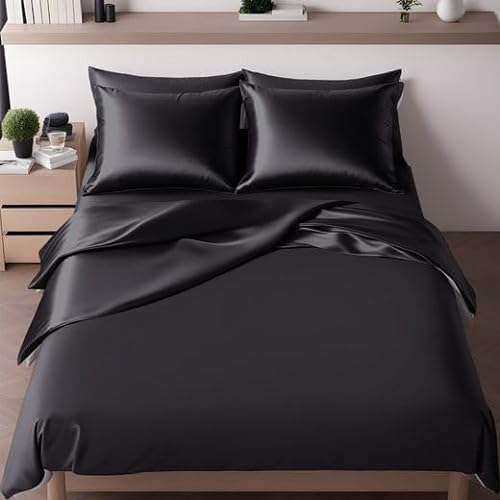 Cozyor Wende-Bettwäsche 135x200 cm glänzend matt, Satin & Mikrofaser, extra dick und weich mit robustem Reißverschluss, Deckenbezug + Kissenbezug 80x80 cm, 2 teilig, schwarz Eclipse