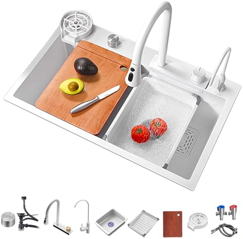 Ribanedy 68 x 45 cm Fregadero de cocina en cascada Blanco, fregadero moderno multifuncional de acero inoxidable de una cubeta con grifo rociador abatible y accesorios