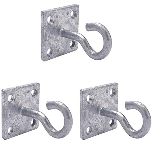 Merriway BH01877 8mm (5/16 inch) Thickness Clothes Line Wall Hook on Plate Galvanised Rust Proof Steel, 50mm (2 inch) Square, Grey (Pack of 3)