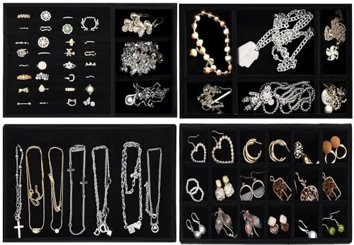 Duscdesp 4 Stuck Schmuckaufbewahrung Schublade, Schmucktablett, SchmuckkäStchen Samt Jewelry Organizer Stapelbar, Schmuck Organizers für Schmuck, Ohrringe, Armband, Ringe Aufbewahrung (Schwarz)