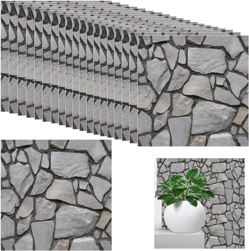 Pack of 20 3D Wall Panels, Stone Look, Self-Adhesive, 30 x 30 cm, Plastic Panel Wall Cladding, Waterproof PVC Brick Wallpaper for Indoor, Outdoor, Business Premises