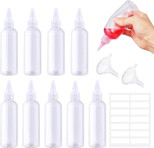 Prebarfun 10-Pack 100ml Squeezy Bottles with Nozzles, Plastic Squeezy Sauce Bottles Small, Clear Condiment bottle with Funnels Labels for Sauce Oil Ketchup DIY Crafts