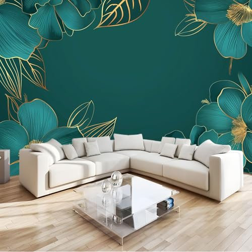 Flores De Linea Fotomural flor turquesa Fotomural Pared, 250x175 cm Papel Pintado 3D, Fotomurales Decoración de Comedores Moderna Lana Sala Cuarto Salón