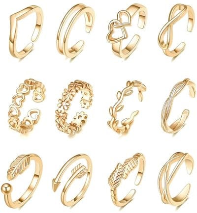 KGDUYC 12 Stück zehenring，zehenring gold，Gold Gefüllte Zehenringe für Damen Blumenherz Offene Zehenringe Daumenringe Verstellbare Ring Gold Zehenringe Set Sommer Strand Fußschmuck