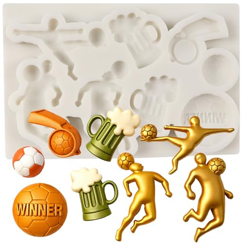 MINFEIDMS Football Theme Fondant Moulds Football Silicone Mould Beer Whistle Chocolate Candy Moulds for Cake Decoration Cupcake Topper Sugar Craft Gum Paste Polymer Clay