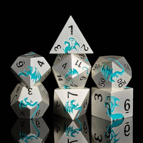 DND Würfel Set,HNCCESG 7 Stück Metall D&D Würfel Set Dungeons und Drache, Geschenkwürfel, Rollenspielwürfel für D&D-Tischspiele (Mattes Silber, Blau2)