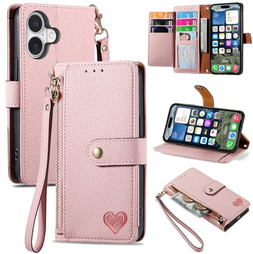 VEEMOS Zipper Wallet Case for Apple iPhone 16 Phone Case with Purse Card Holders RFID Blocking Leather Flip Case Book Cover Wrist Strap Women - Pink