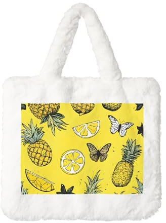 ESNAIUVCD Modische Handtasche mit Ananas-Druck, Plüsch-Handtasche, Umhängetasche, flauschige Umhängetasche, Tragetasche, flauschige Einkaufstasche, weiß, Einheitsgröße