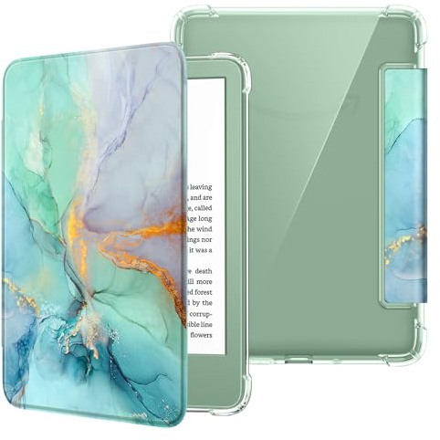 FINTIE Étui pour 6 Kindle (11e Génération, Modèle 2024/2022) | Étui Transparent en TPU Souple Housse Veille/Réveil Automatique, Marbre Émeraude