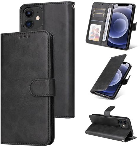E-Lush Handyhülle für iPhone 12/12 Pro Hülle Leder PU, Magnet Klapphülle Flip Wallet Kartenfach 360 Stoßfeste Schutzhülle für iPhone 12/12 Pro Hülle mit Standfunktion, Schwarz