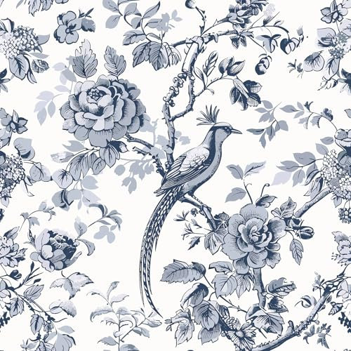 VEELIKE Papier Peint Fleuri Chinois Bleu Papier Peint Floral Oiseau Vintage Papiers Peints Chambre Salle de Bain 44,5 cm x 300 cm Adhesif Mural Decoratif Salon Rouleau Adhesif pour Meuble Amovible