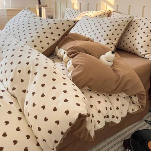 Lanqinglv Bettwäsche 200x220 Mädchen Weiß Braun Herzen Kinder Bettwäsche aus Microfaser,Herzchen ÖKO-TEX Bettwäsche Set - Weiche Bettbezug mit Reißverschluss und 2 Kissenbezug 80x80 cm