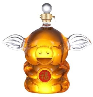 OAOAO Chinese Zodiac Pig Whisky Decanter, 1000ml Lead Free Glass Liquor Bottle, Handmade Art Statue, Festival Gift, Tequila Rum Container