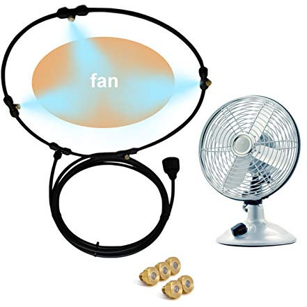 Outdoor Misting Fan Kit For Water Misting Cooling System Misters Mister Fan Line and 5 Brass Mist Nozzles for Cooling Outdoor Patios (16 Inch + 9.84ft)