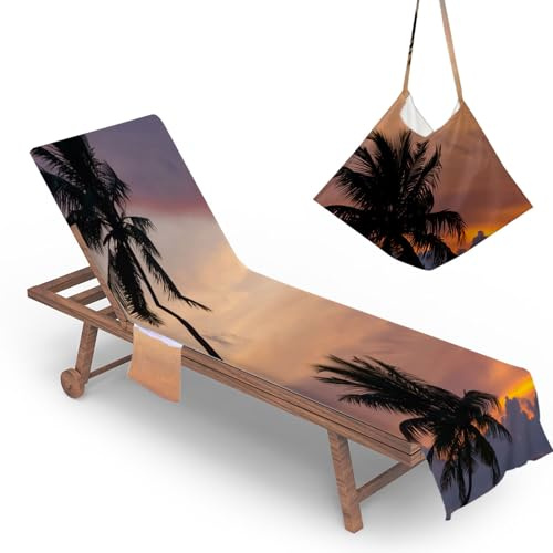 ENEN Handtuch für Sonnenliege, Abdeckung Gartenliege mit Taschen, Sonnenliege Auflage Strandhandtuch Frottee Schonbezug Gartenstuhl für Schwimmbäder Strände Garten (Kokosnussbaum,75x210cm)