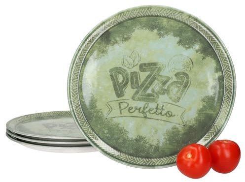 MamboCat Set di 4 piatti per pizza perfetti, Ø 31,5 cm, verde, per 4 persone, piatti rustici in porcellana per pizza, torte fiamme e molto altro ancora, grande piatto piano con decorazione e scritta