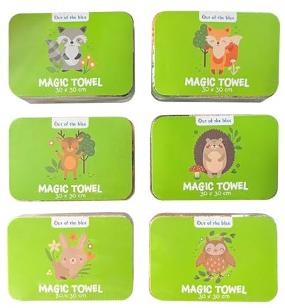 Magisches Handtuch aus Baumwolle – 30 x 30 cm – 6er-Set Waldtiere | Igel, Fuchs, Hase, Eule, Reh, Waschbär – Magic Towel, Zaubertuch – Geschenkidee für Schultüte & Geburtstag – Seaside No.64