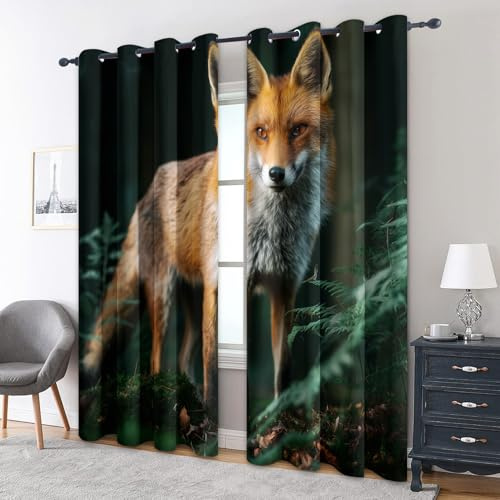 zcwl Roter Fuchs Vorhänge, Waldtier Verdunklungsvorhänge mit Ösen, Vorhang Blickdicht für Wohnzimmer Schlafzimmer Dekoration, Gardinen mit Muster, 2er Set, 137 x 117 cm (HöhexBreite)
