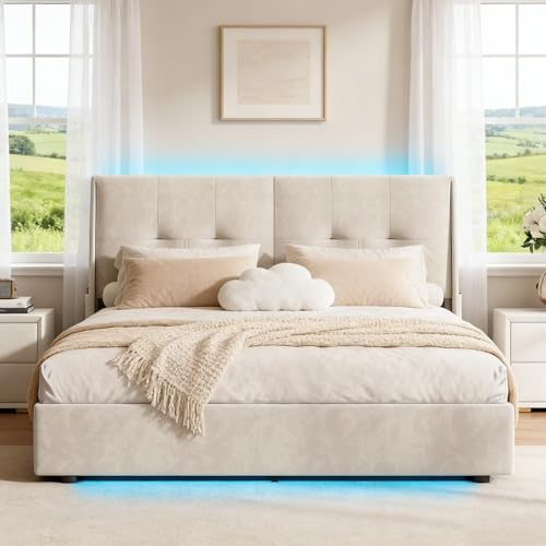 BRILVERDE Polsterbett 160x200 mit Stauraum, Doppelbett mit LED, Stauraumbett mit Kopfteil, Bettgestell mit Lattenrost, Samt (Beige, 160 x 200 cm)