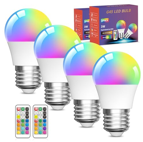 Lamptobe 3W Ampoule Couleur LED,G45 E27 Ampoules LED Edison Multicolores à Intensité Variable Avec Télécommande,RGB+Blanc Chaud,Idéales Pour L'éclairage Quotidien Et D'ambiance(Lot de 4)