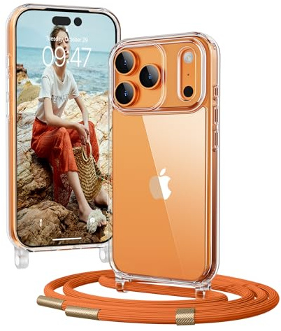 OLEPHY Handykette für iPhone 17 Pro Hülle mit Band, [Verstellbarem und Demontage Umhängeband], Transparente Handyhülle mit Kordel zum Umhängen für Wanderungen & Outdoor | Freiheit für Hände, Orange
